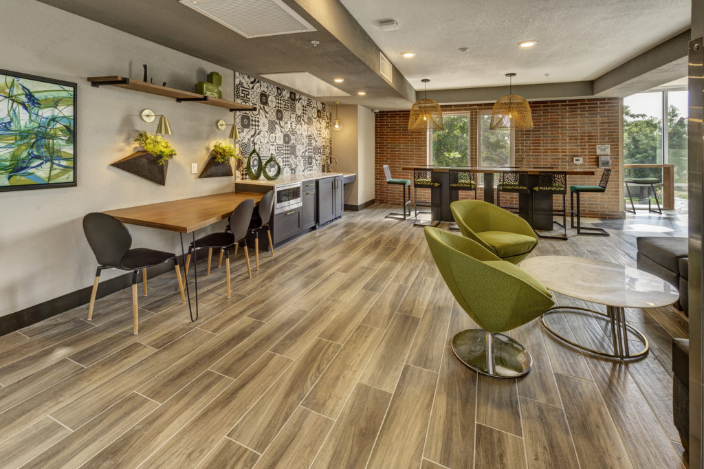 Apartment lobby with community table