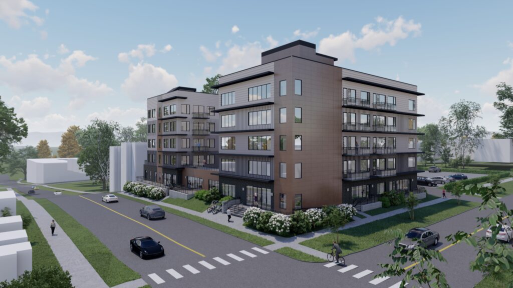 Apartment building in Denver by MUES architecture firm with courtyard, rooftop deck, gym, parking Dri-design siding